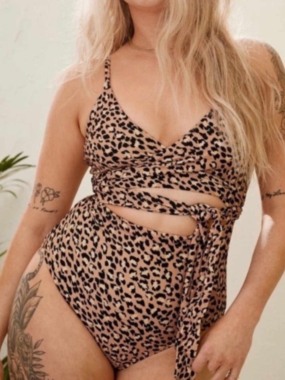 aerie Leopard Print Wrap One-Piece Swimsuit - Beige/Black